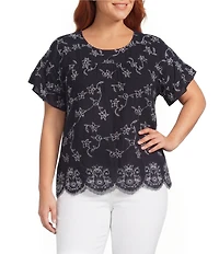 Leo & Nicole Plus Size Allover Embroidered Crew Neck Short Ruffle Scalloped Hem Top