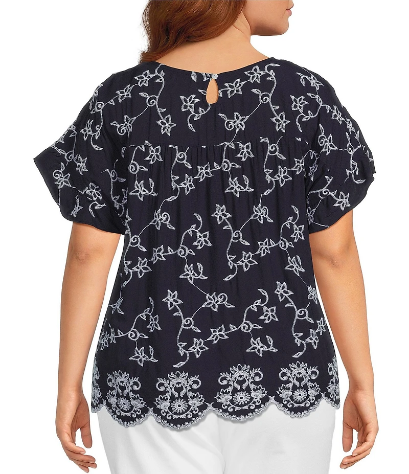 Leo & Nicole Plus Size Allover Embroidered Crew Neck Short Ruffle Scalloped Hem Top
