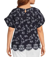 Leo & Nicole Plus Size Allover Embroidered Crew Neck Short Ruffle Scalloped Hem Top
