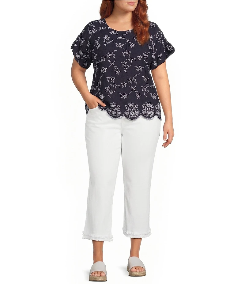 Leo & Nicole Plus Size Allover Embroidered Crew Neck Short Ruffle Scalloped Hem Top