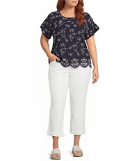 Leo & Nicole Plus Size Allover Embroidered Crew Neck Short Ruffle Scalloped Hem Top