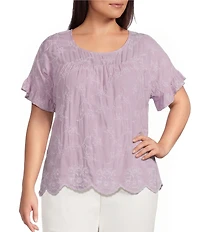 Leo & Nicole Plus Size Allover Embroidered Crew Neck Short Ruffle Scalloped Hem Top