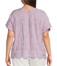 Leo & Nicole Plus Size Allover Embroidered Crew Neck Short Ruffle Scalloped Hem Top