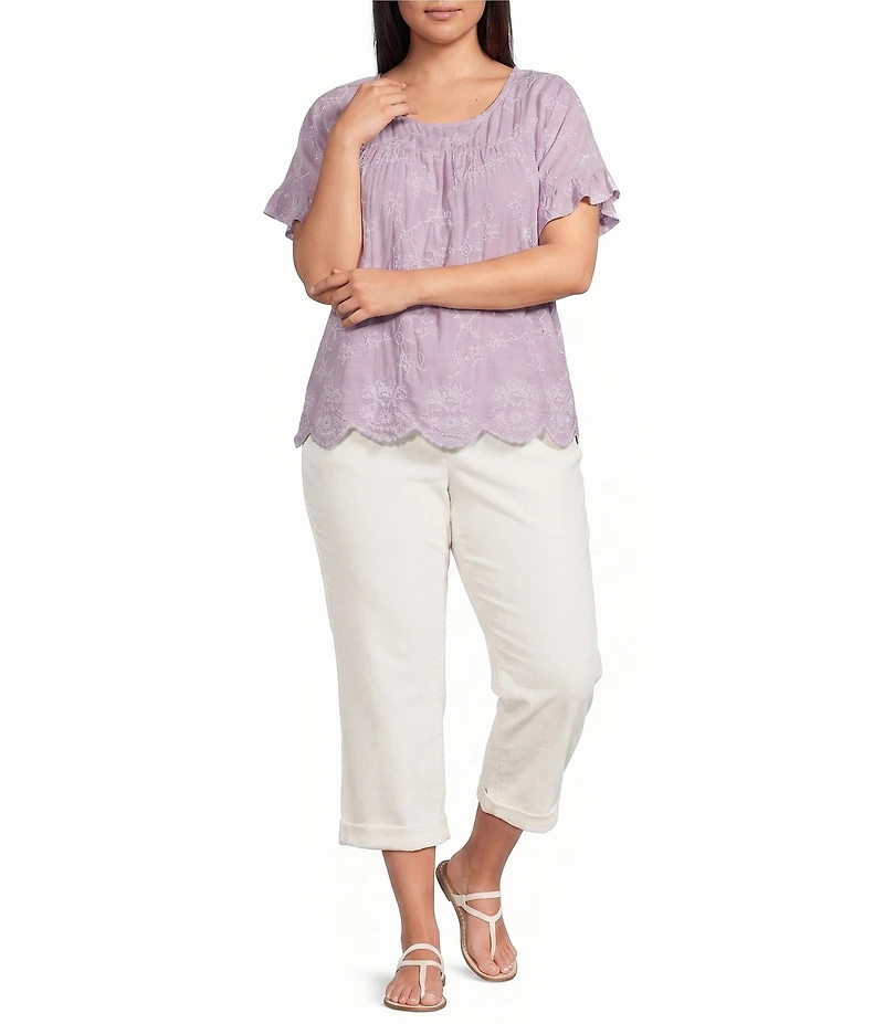 Leo & Nicole Plus Size Allover Embroidered Crew Neck Short Ruffle Scalloped Hem Top