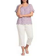 Leo & Nicole Plus Size Allover Embroidered Crew Neck Short Ruffle Scalloped Hem Top