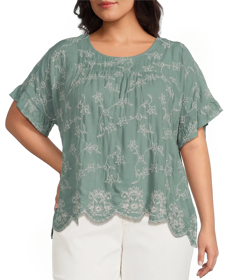 Leo & Nicole Plus Size Allover Embroidered Crew Neck Short Ruffle Scalloped Hem Top