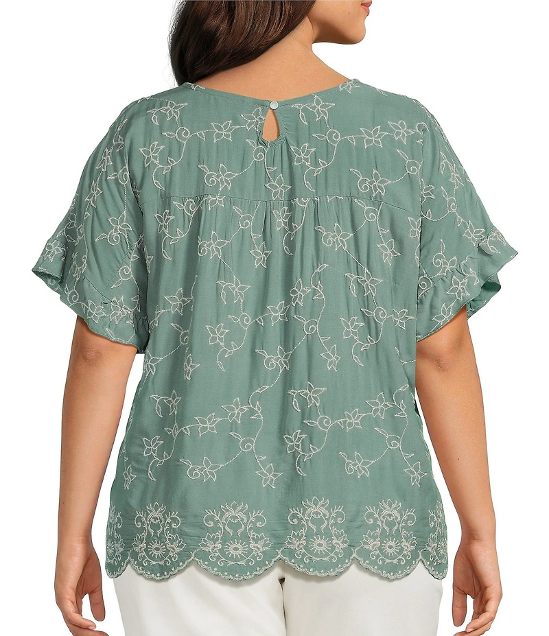Leo & Nicole Plus Size Allover Embroidered Crew Neck Short Ruffle Scalloped Hem Top