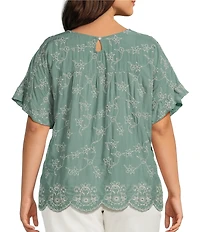 Leo & Nicole Plus Size Allover Embroidered Crew Neck Short Ruffle Scalloped Hem Top