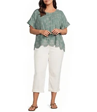 Leo & Nicole Plus Size Allover Embroidered Crew Neck Short Ruffle Scalloped Hem Top