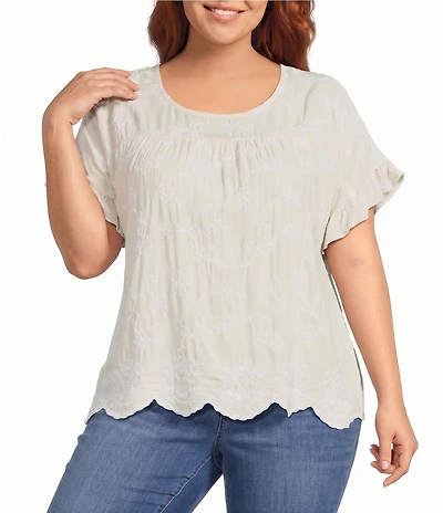 Leo & Nicole Plus Size Allover Embroidered Crew Neck Short Ruffle Scalloped Hem Top