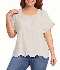 Leo & Nicole Plus Size Allover Embroidered Crew Neck Short Ruffle Scalloped Hem Top