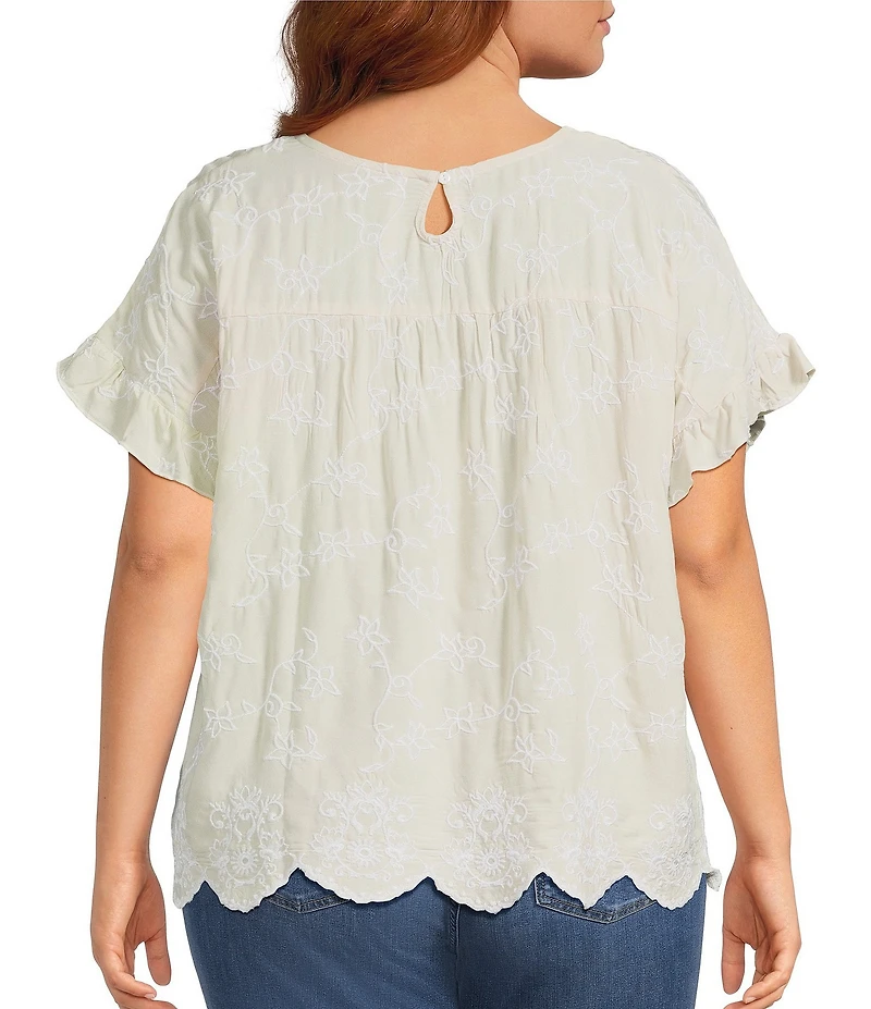 Leo & Nicole Plus Size Allover Embroidered Crew Neck Short Ruffle Scalloped Hem Top