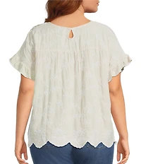 Leo & Nicole Plus Size Allover Embroidered Crew Neck Short Ruffle Scalloped Hem Top