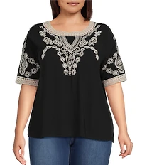 Leo & Nicole Plus Size Embroidered Crochet Boat Neck Trim Elbow Length Sleeve Top