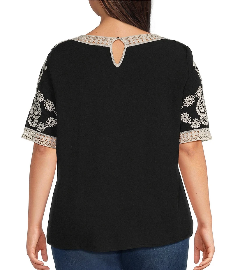 Leo & Nicole Plus Size Embroidered Crochet Boat Neck Trim Elbow Length Sleeve Top