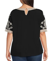 Leo & Nicole Plus Size Embroidered Crochet Boat Neck Trim Elbow Length Sleeve Top
