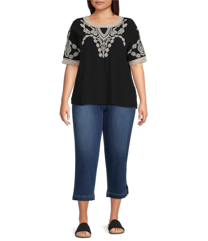 Leo & Nicole Plus Size Embroidered Crochet Boat Neck Trim Elbow Length Sleeve Top