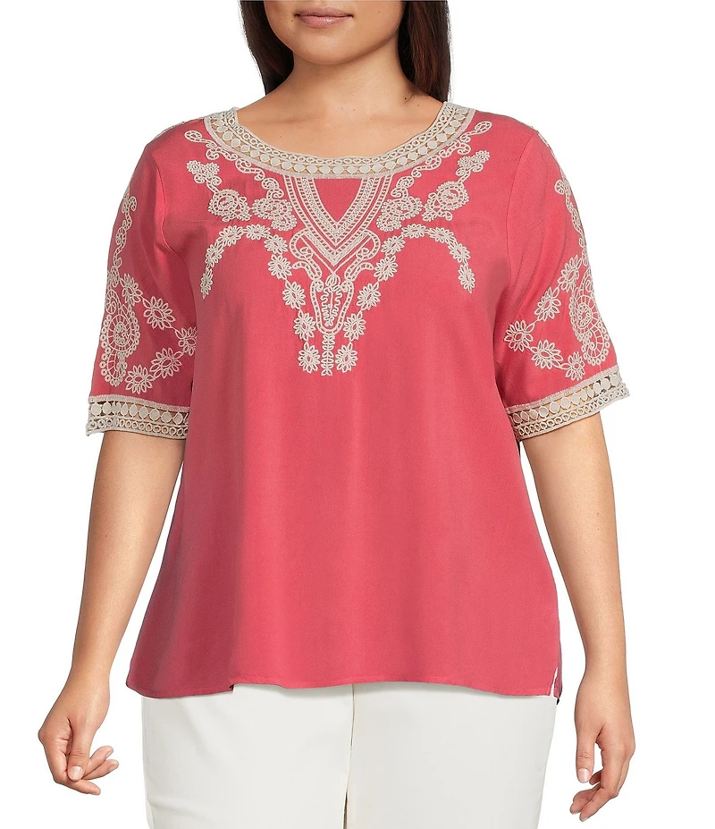 Leo & Nicole Plus Size Embroidered Crochet Boat Neck Trim Elbow Length Sleeve Top