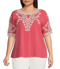 Leo & Nicole Plus Size Embroidered Crochet Boat Neck Trim Elbow Length Sleeve Top