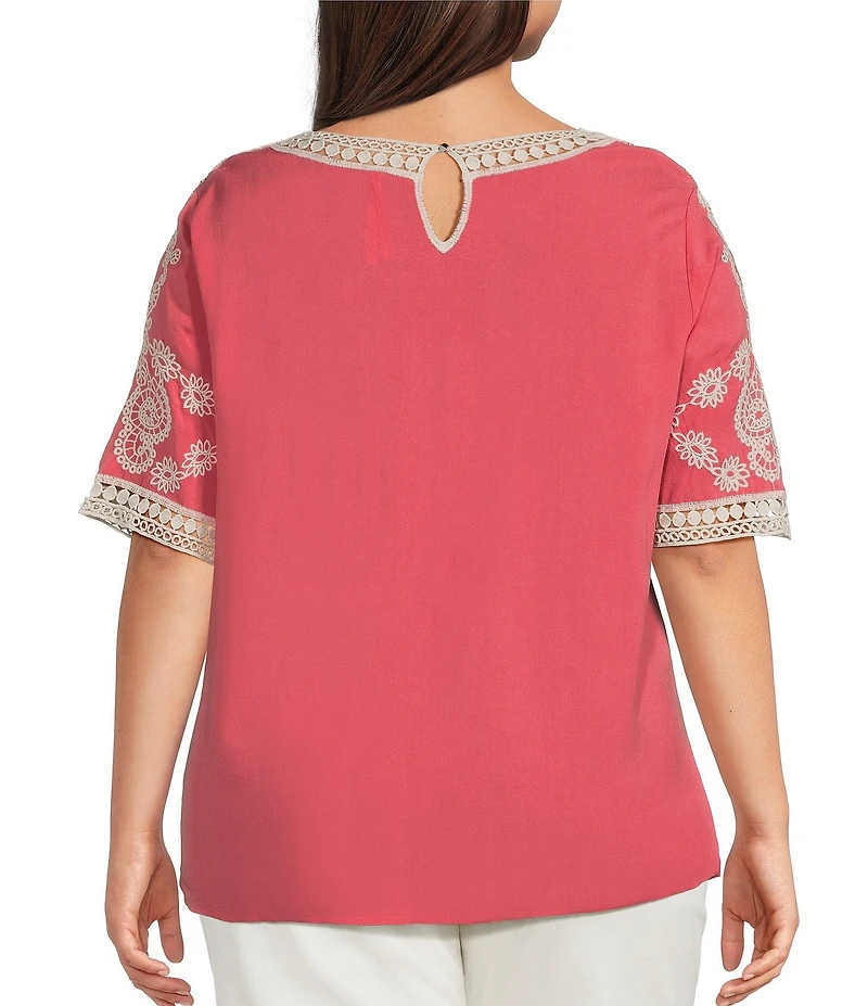 Leo & Nicole Plus Size Embroidered Crochet Boat Neck Trim Elbow Length Sleeve Top