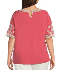 Leo & Nicole Plus Size Embroidered Crochet Boat Neck Trim Elbow Length Sleeve Top