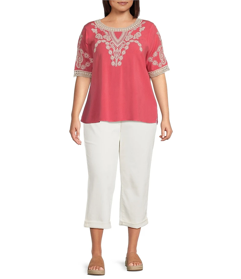 Leo & Nicole Plus Size Embroidered Crochet Boat Neck Trim Elbow Length Sleeve Top
