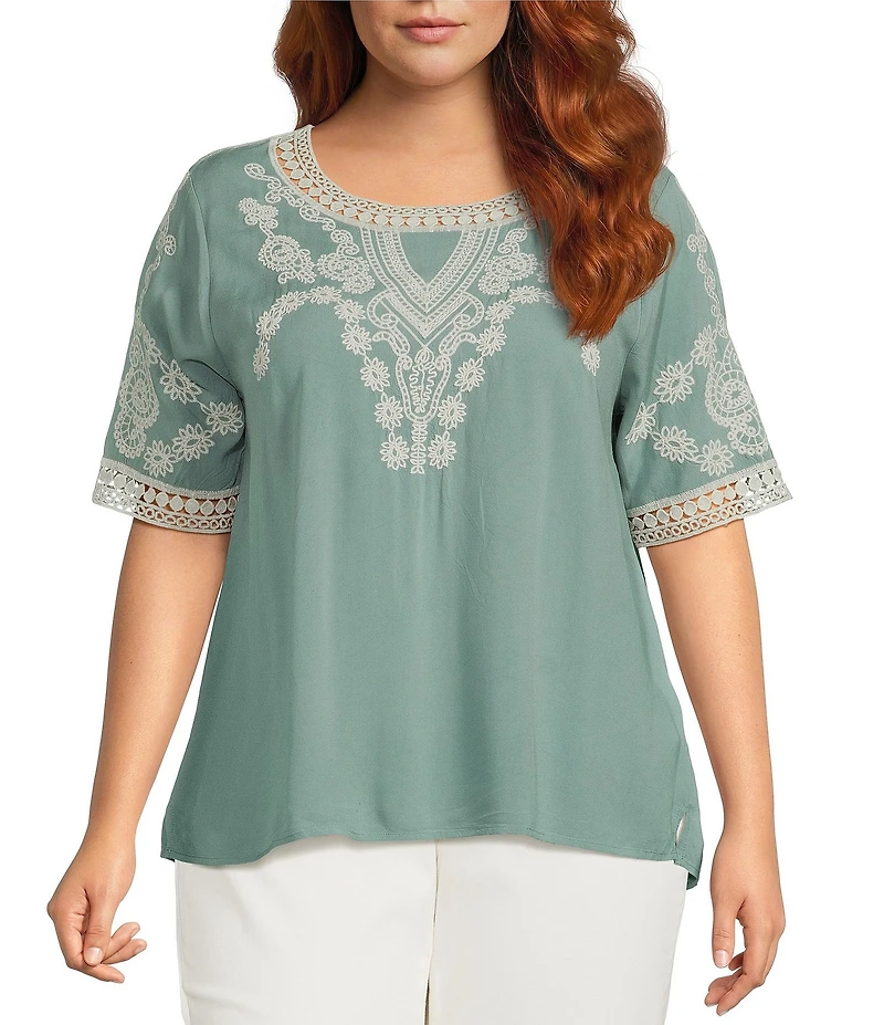 Leo & Nicole Plus Size Embroidered Crochet Boat Neck Trim Elbow Length Sleeve Top