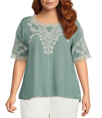 Leo & Nicole Plus Size Embroidered Crochet Boat Neck Trim Elbow Length Sleeve Top