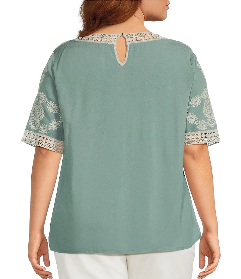 Leo & Nicole Plus Size Embroidered Crochet Boat Neck Trim Elbow Length Sleeve Top