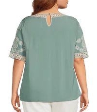 Leo & Nicole Plus Size Embroidered Crochet Boat Neck Trim Elbow Length Sleeve Top