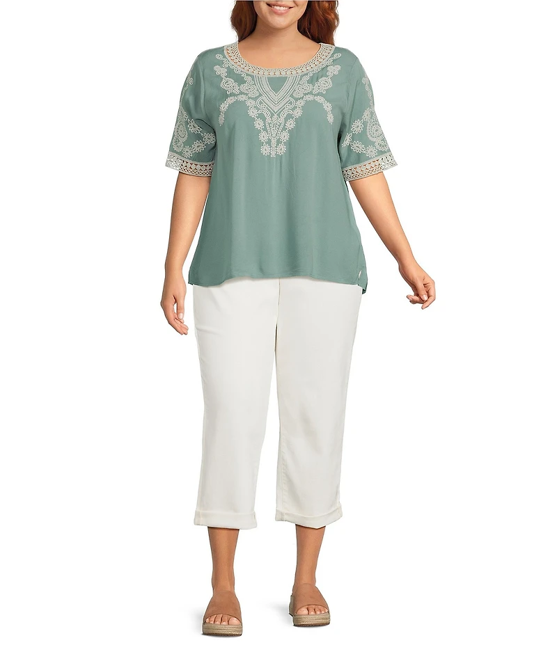 Leo & Nicole Plus Size Embroidered Crochet Boat Neck Trim Elbow Length Sleeve Top