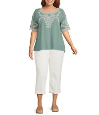 Leo & Nicole Plus Size Embroidered Crochet Boat Neck Trim Elbow Length Sleeve Top