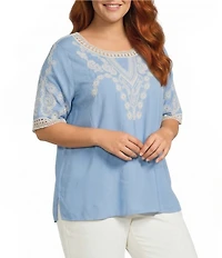 Leo & Nicole Plus Size Embroidered Crochet Boat Neck Trim Elbow Length Sleeve Top