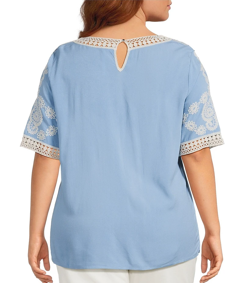 Leo & Nicole Plus Size Embroidered Crochet Boat Neck Trim Elbow Length Sleeve Top