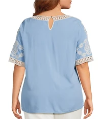 Leo & Nicole Plus Size Embroidered Crochet Boat Neck Trim Elbow Length Sleeve Top