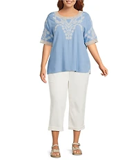 Leo & Nicole Plus Size Embroidered Crochet Boat Neck Trim Elbow Length Sleeve Top