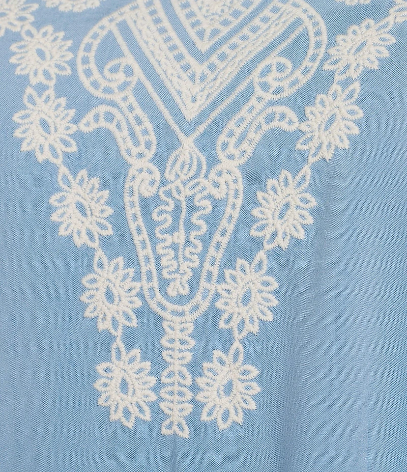 Leo & Nicole Plus Size Embroidered Crochet Boat Neck Trim Elbow Length Sleeve Top