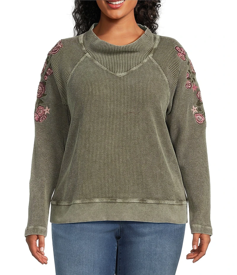 Leo & Nicole Plus Size Embroidered Mock Neckline Long Sleeve Waffle Acid Wash Top
