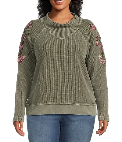 Leo & Nicole Plus Size Embroidered Mock Neckline Long Sleeve Waffle Acid Wash Top