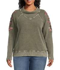 Leo & Nicole Plus Size Embroidered Mock Neckline Long Sleeve Waffle Acid Wash Top