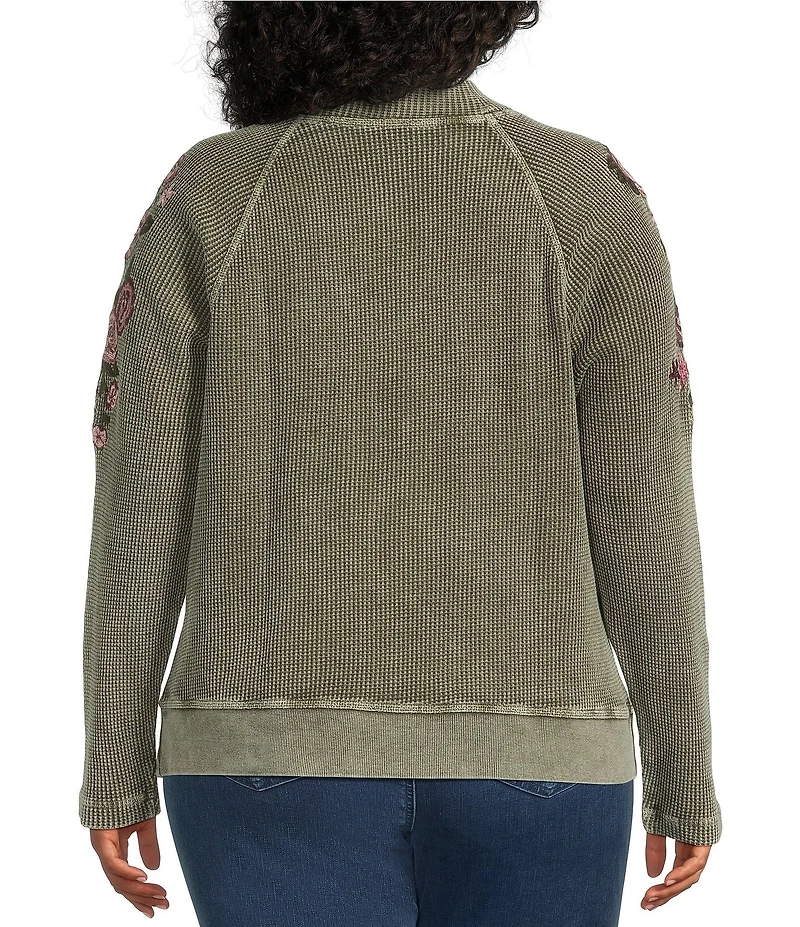 Leo & Nicole Plus Size Embroidered Mock Neckline Long Sleeve Waffle Acid Wash Top