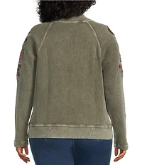 Leo & Nicole Plus Size Embroidered Mock Neckline Long Sleeve Waffle Acid Wash Top