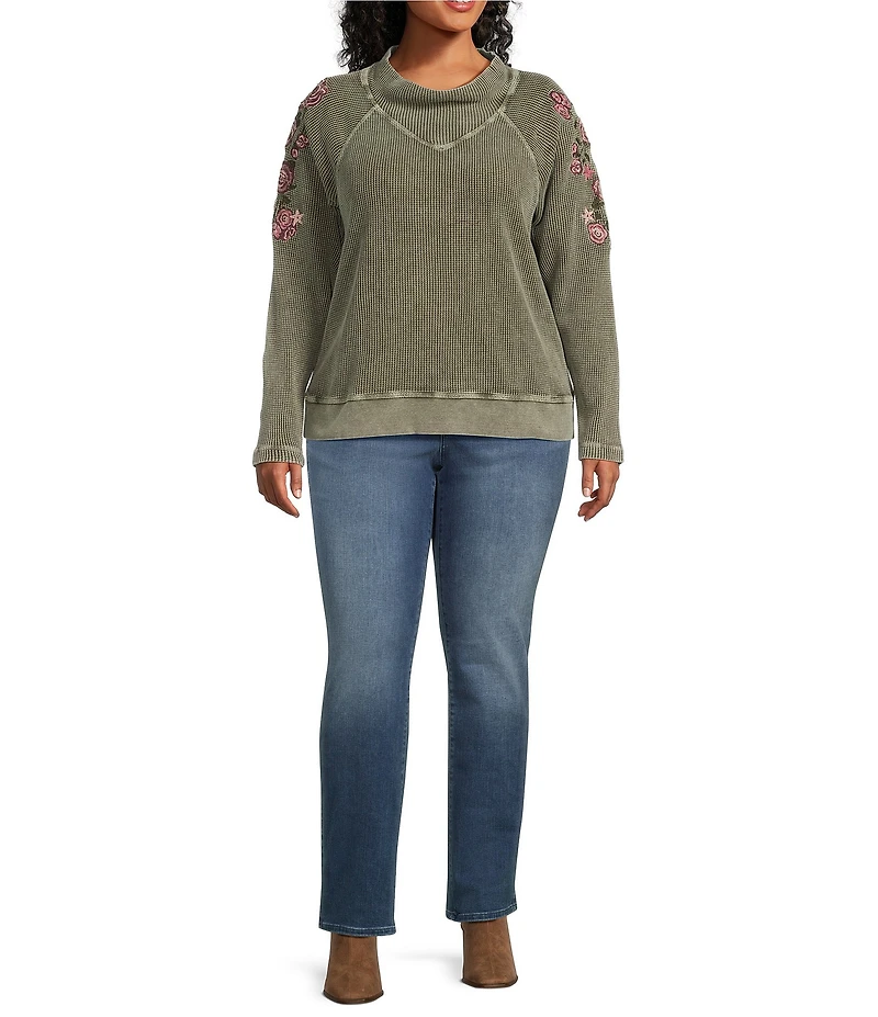 Leo & Nicole Plus Size Embroidered Mock Neckline Long Sleeve Waffle Acid Wash Top