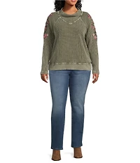 Leo & Nicole Plus Size Embroidered Mock Neckline Long Sleeve Waffle Acid Wash Top