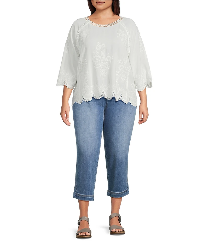 Leo & Nicole Plus Size Embroidered Scoop Neck 3/4 Sleeve Scalloped Lace Trim Top