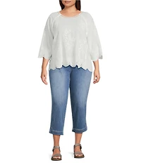 Leo & Nicole Plus Size Embroidered Scoop Neck 3/4 Sleeve Scalloped Lace Trim Top