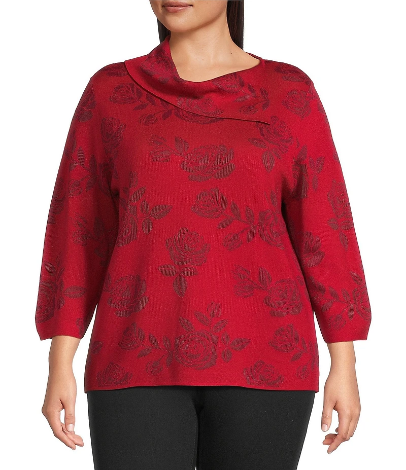 Leo & Nicole Plus Size Envelope Neck Long Sleeve Allover Rose Jacquard Sweater