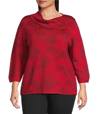 Leo & Nicole Plus Size Envelope Neck Long Sleeve Allover Rose Jacquard Sweater