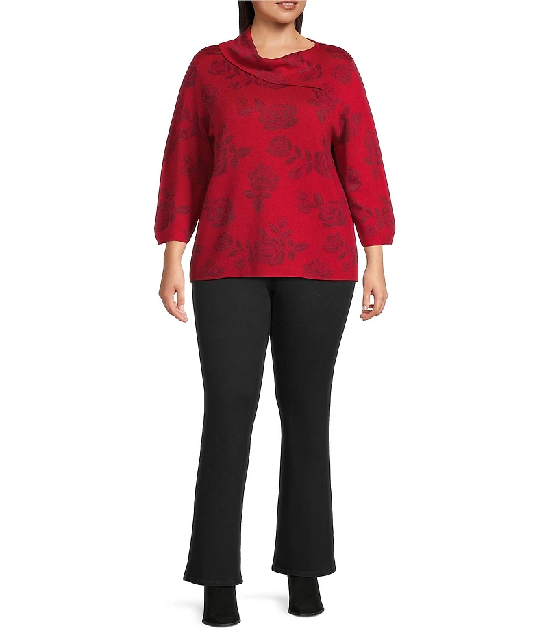 Leo & Nicole Plus Size Envelope Neck Long Sleeve Allover Rose Jacquard Sweater