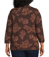 Leo & Nicole Plus Size Envelope Neck Long Sleeve Allover Rose Jacquard Sweater